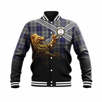 Napier Crest Tartan Baseball Jacket with Golden Lion Emblem Celtic Style
