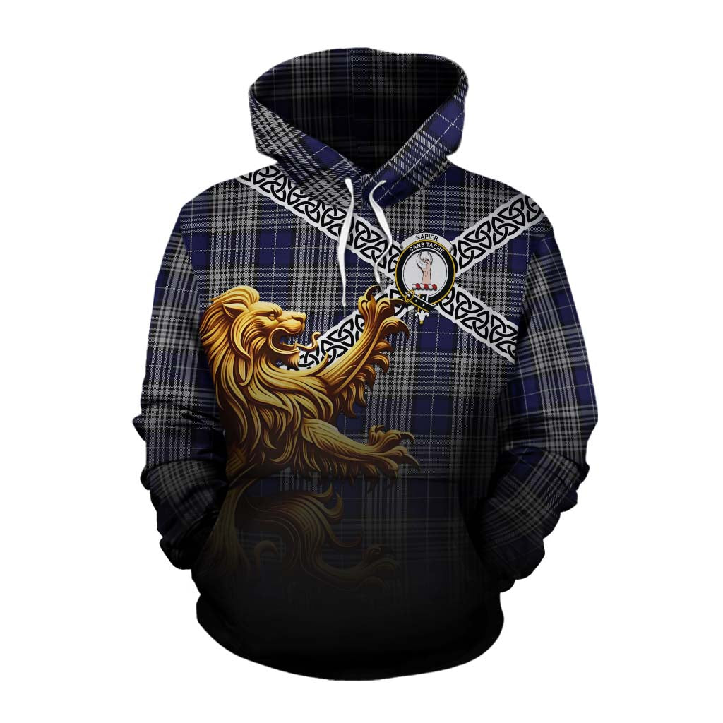 Tartan Vibes Clothing Napier Crest Tartan Cotton Hoodie with Golden Lion Emblem Celtic Style