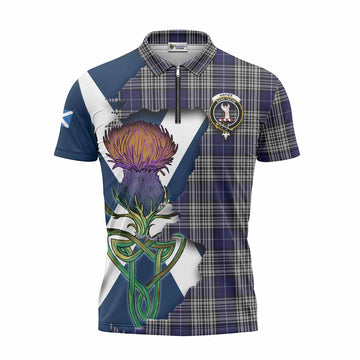 Napier Tartan Family Crest Zipper Polo Shirt Scottish Thistle Celtic Inspired