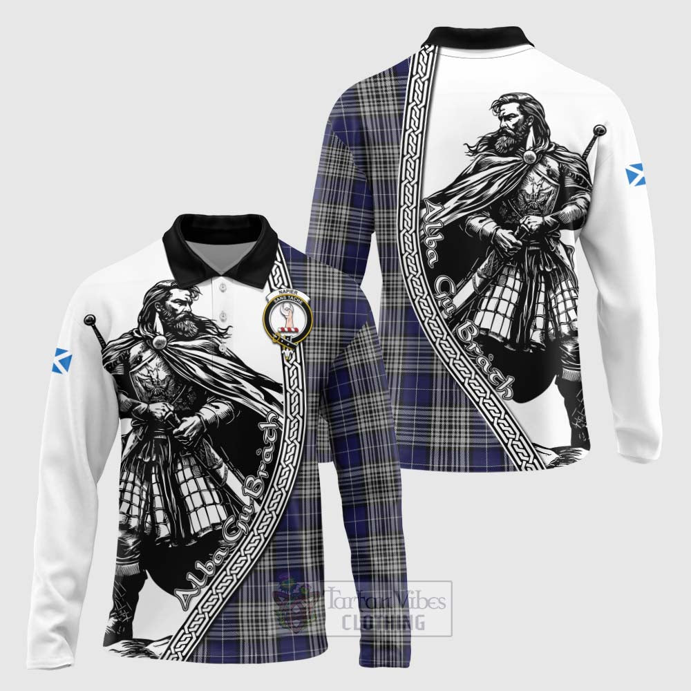 Napier Tartan Clan Crest Long Sleeve Polo Shirt with Highlander Warrior Celtic Style Unisex - Tartan Vibes Clothing