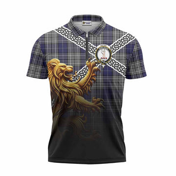 Napier Crest Tartan Zipper Polo Shirt with Golden Lion Emblem Celtic Style