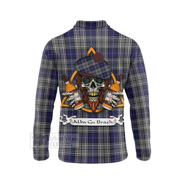 Napier Tartan Long Sleeve Polo Shirt with Family Crest and Bearded Skull Holding Bottles of Whiskey - Tartan Vibes Clothing