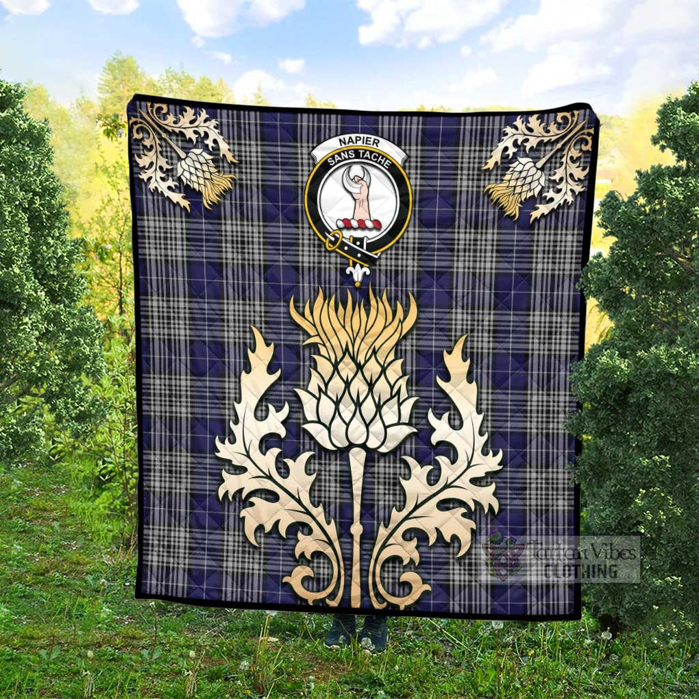 Tartan Vibes Clothing Napier Tartan Quilt with Family Crest and Golden Thistle Style