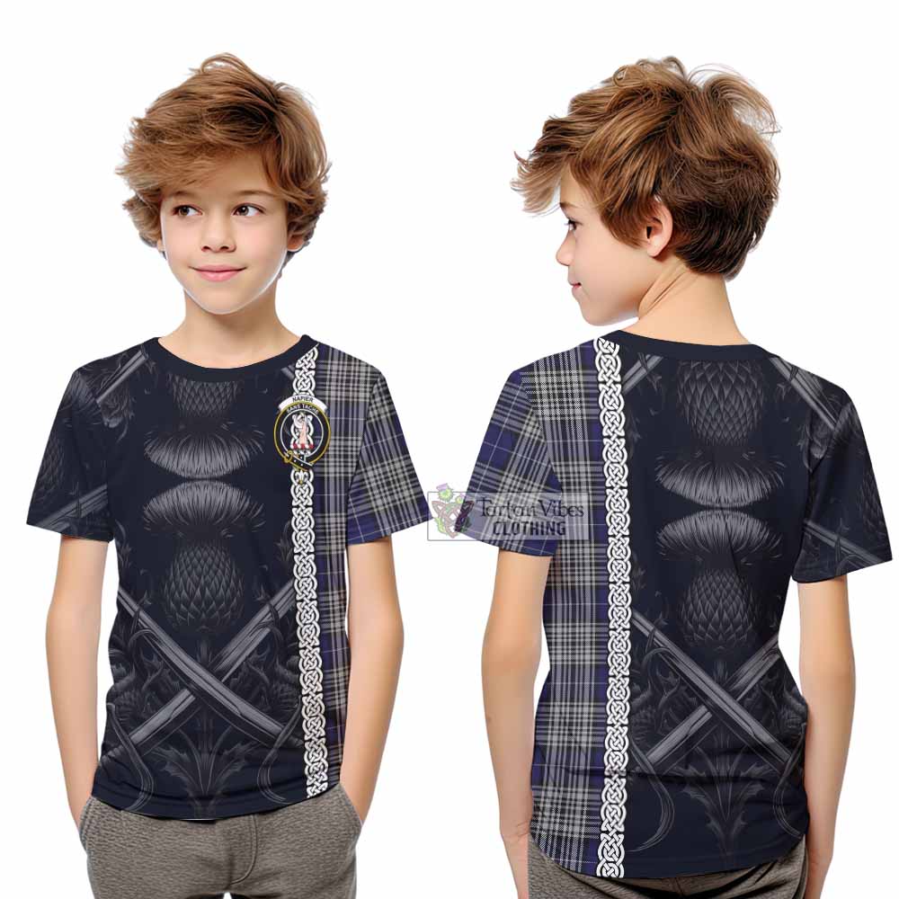 Tartan Vibes Clothing Napier Tartan Kid T-Shirt with Family Crest Cross Sword Thistle Celtic Vibes