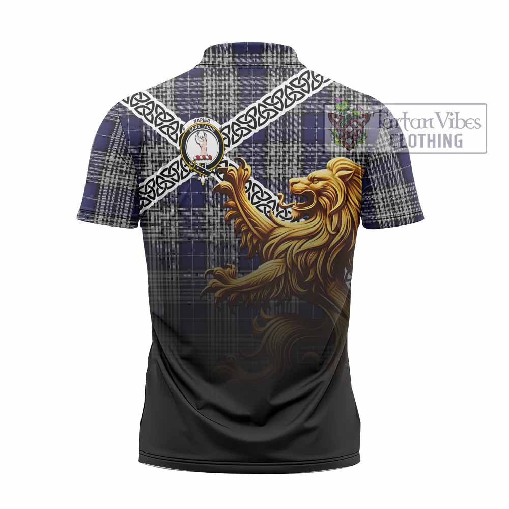 Tartan Vibes Clothing Napier Crest Tartan Zipper Polo Shirt with Golden Lion Emblem Celtic Style