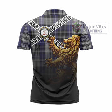 Napier Crest Tartan Zipper Polo Shirt with Golden Lion Emblem Celtic Style