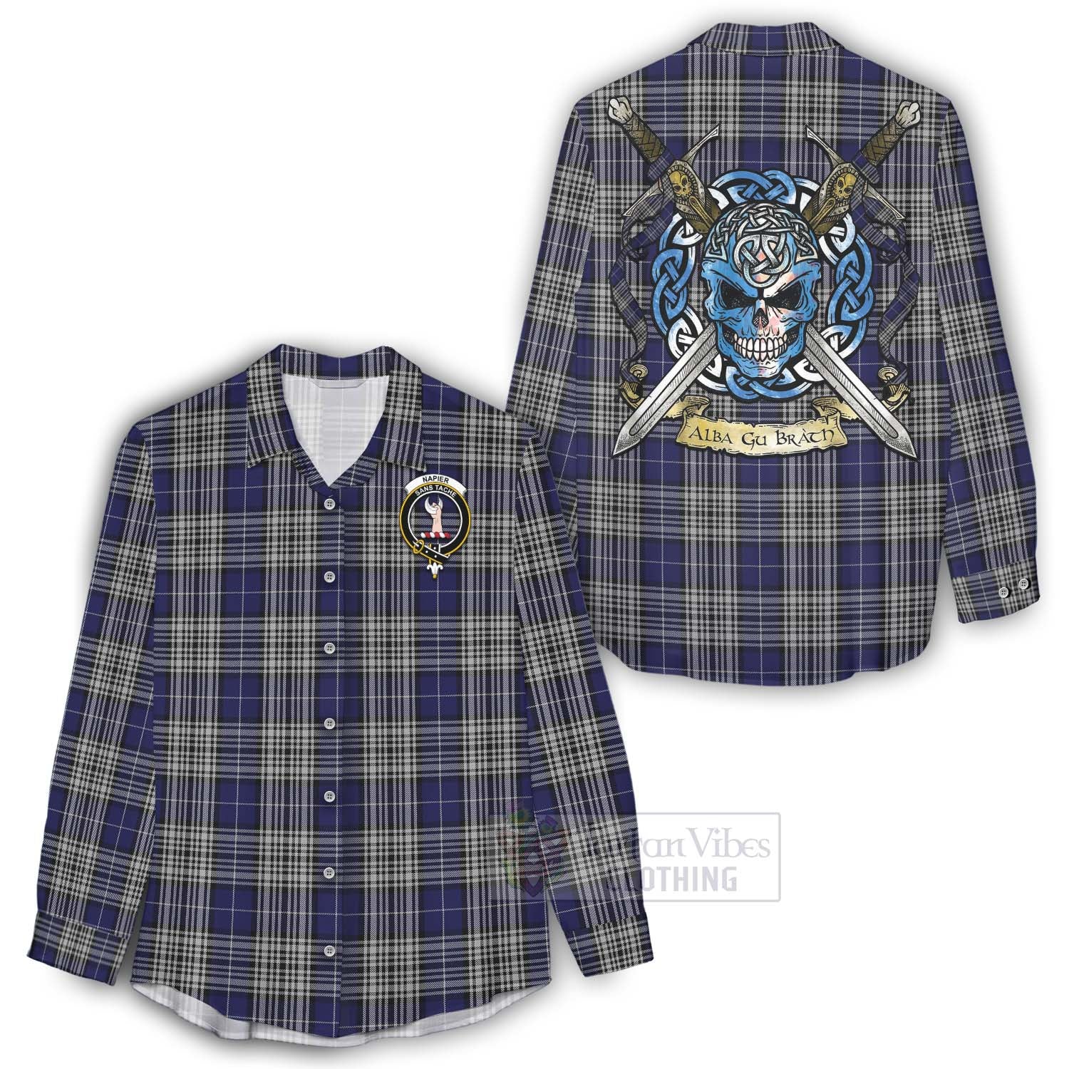 Tartan Vibes Clothing Napier Tartan Women's Casual Shirt with Family Crest Celtic Skull Style