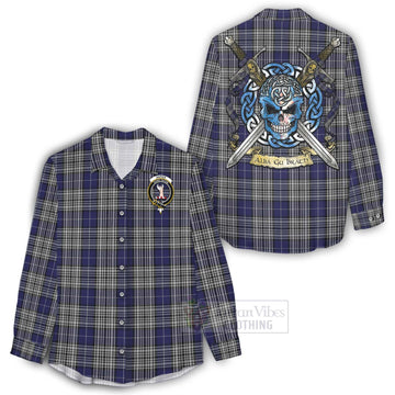 Tartan Vibes Clothing Napier Tartan Women's Casual Shirt with Family Crest Celtic Skull Style
