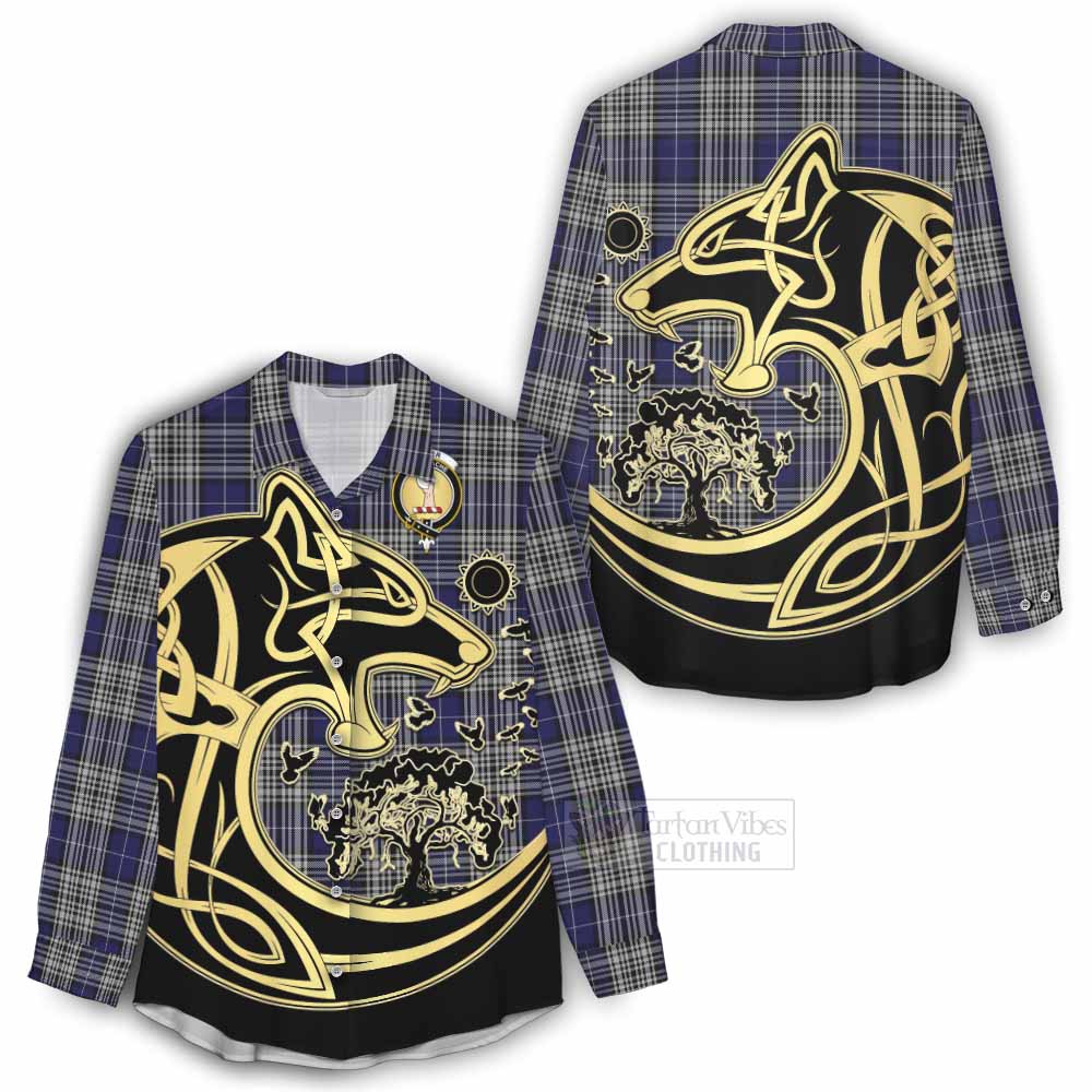 Tartan Vibes Clothing Napier Tartan Women's Casual Shirt with Family Crest Celtic Wolf Style
