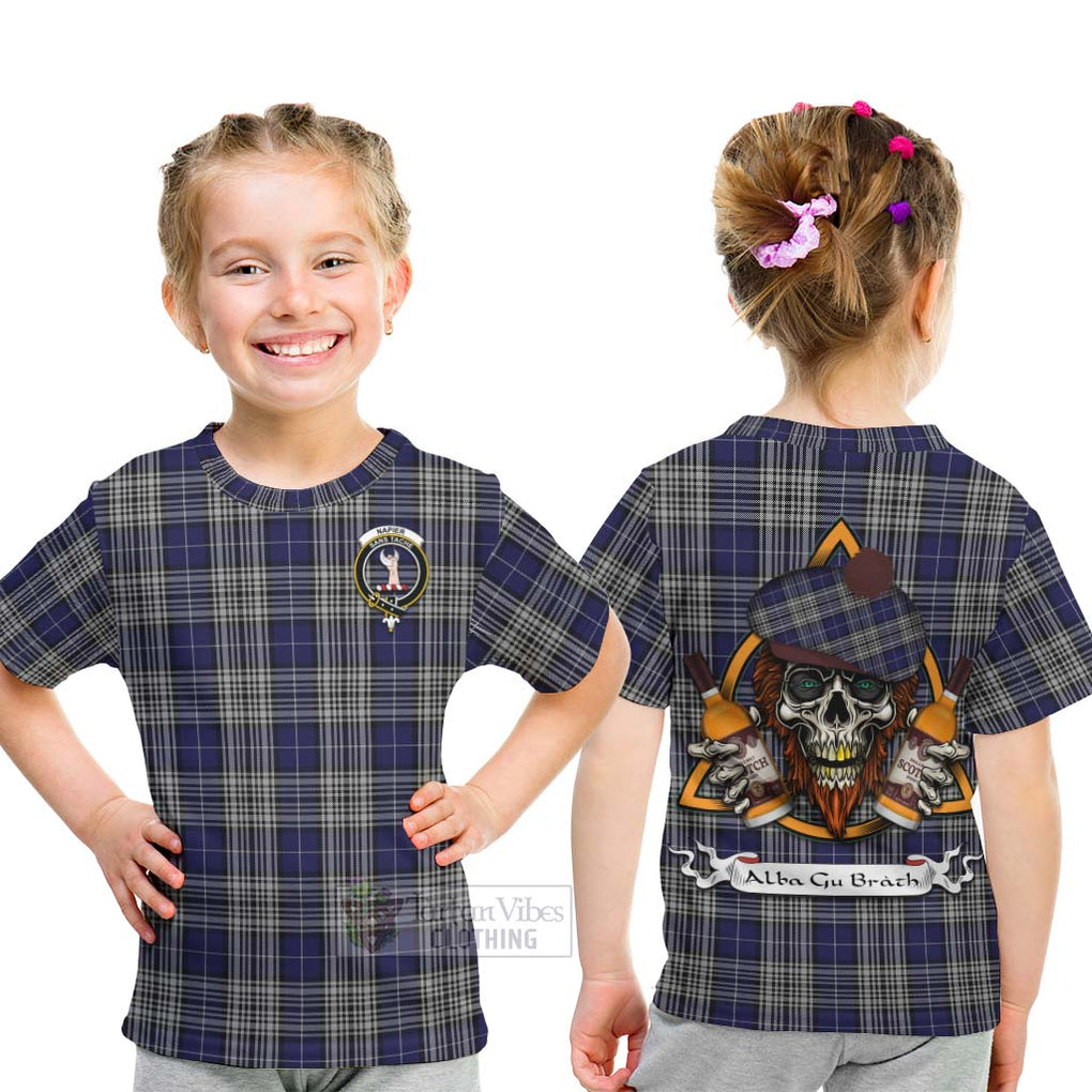 Tartan Vibes Clothing Napier Tartan Kid T-Shirt with Family Crest and Bearded Skull Holding Bottles of Whiskey