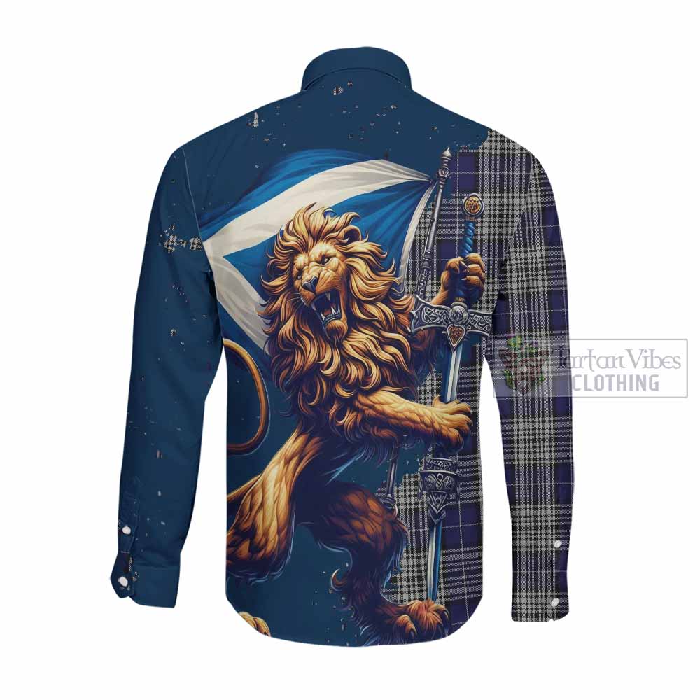 Tartan Vibes Clothing Napier Tartan Family Crest Long Sleeve Button Shirt with Scottish Majestic Lion