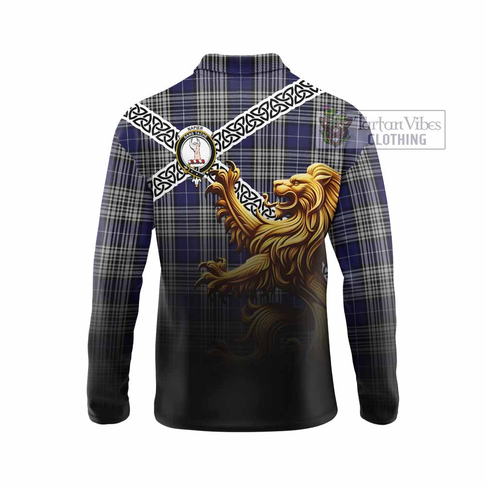 Tartan Vibes Clothing Napier Crest Tartan Long Sleeve Polo Shirt with Golden Lion Emblem Celtic Style