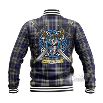 Tartan Vibes Clothing Napier Tartan Baseball Jacket with Family Crest Celtic Skull Style
