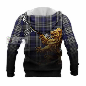 Napier Crest Tartan Knitted Hoodie with Golden Lion Emblem Celtic Style