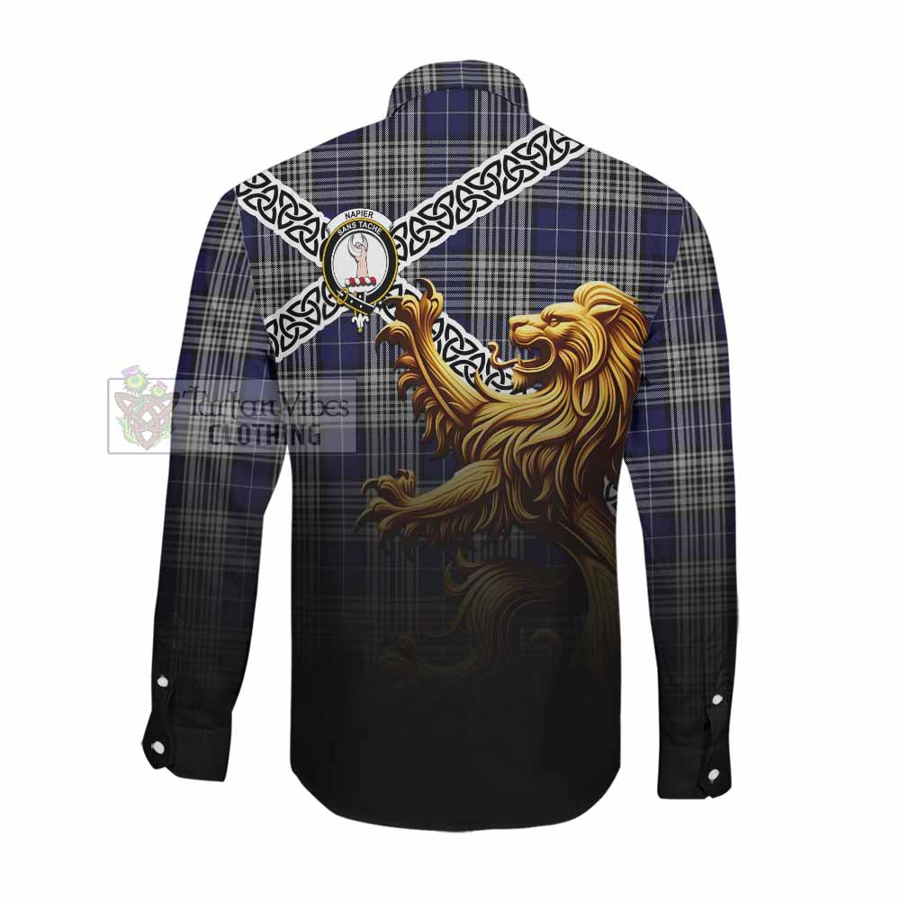 Tartan Vibes Clothing Napier Crest Tartan Long Sleeve Button Shirt with Golden Lion Emblem Celtic Style