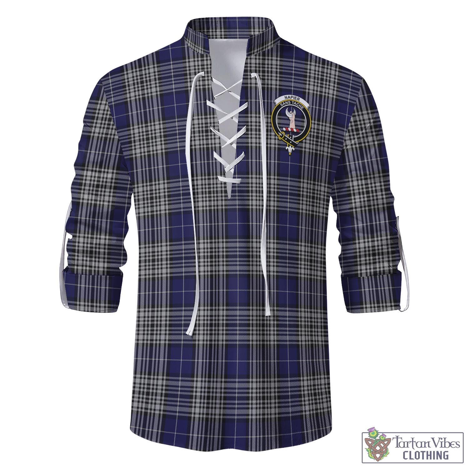 Tartan Vibes Clothing Napier Tartan Men's Scottish Traditional Jacobite Ghillie Kilt Shirt with Family Crest