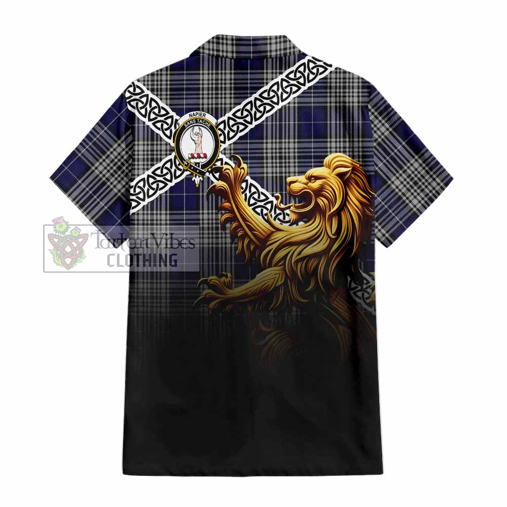 Tartan Vibes Clothing Napier Crest Tartan Short Sleeve Button Shirt with Golden Lion Emblem Celtic Style
