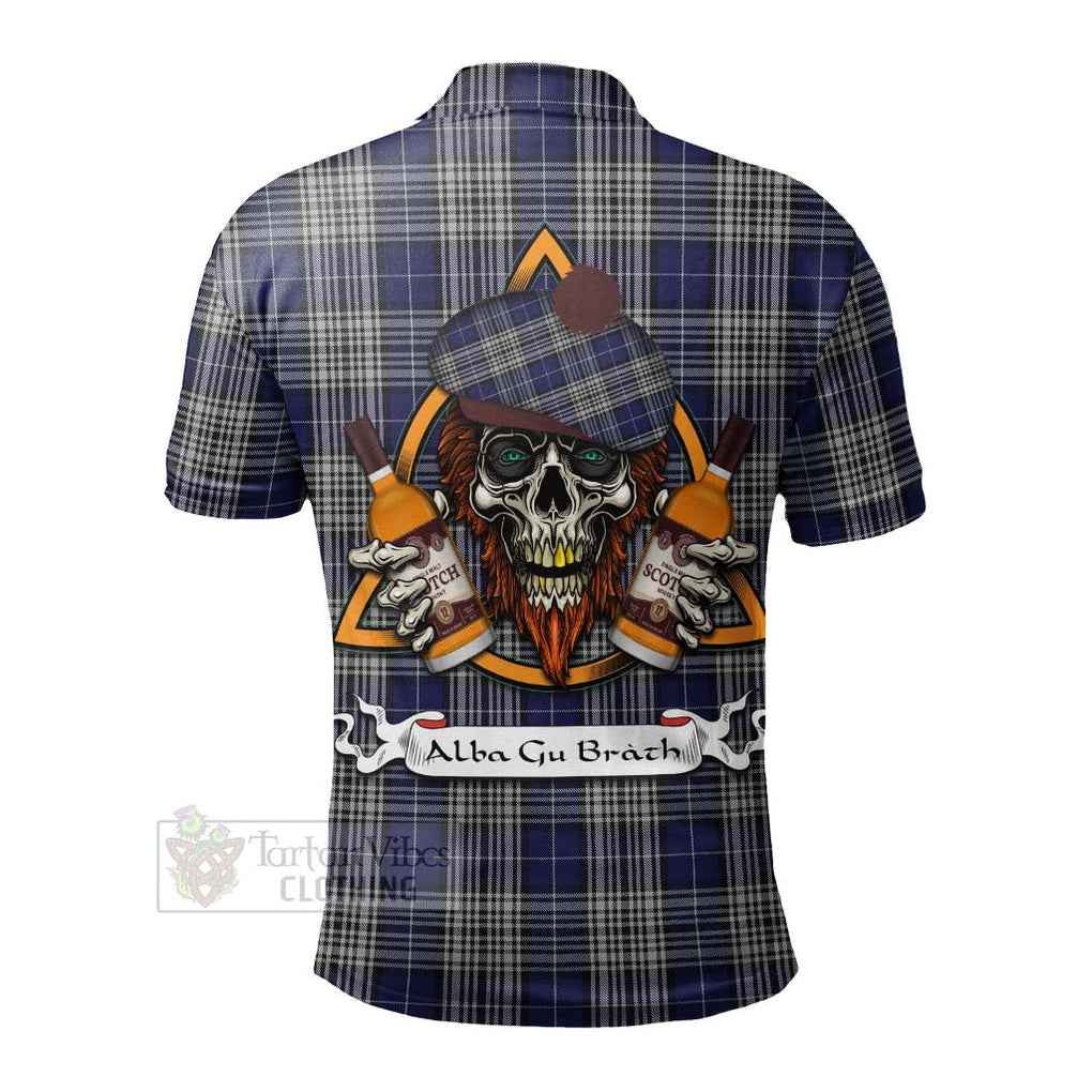 Tartan Vibes Clothing Napier Tartan Polo Shirt with Family Crest and Bearded Skull Holding Bottles of Whiskey