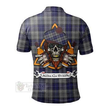 Tartan Vibes Clothing Napier Tartan Polo Shirt with Family Crest and Bearded Skull Holding Bottles of Whiskey
