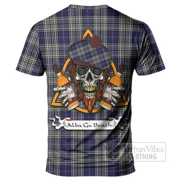 Napier Tartan T-Shirt with Family Crest and Bearded Skull Holding Bottles of Whiskey - Tartan Vibes Clothing