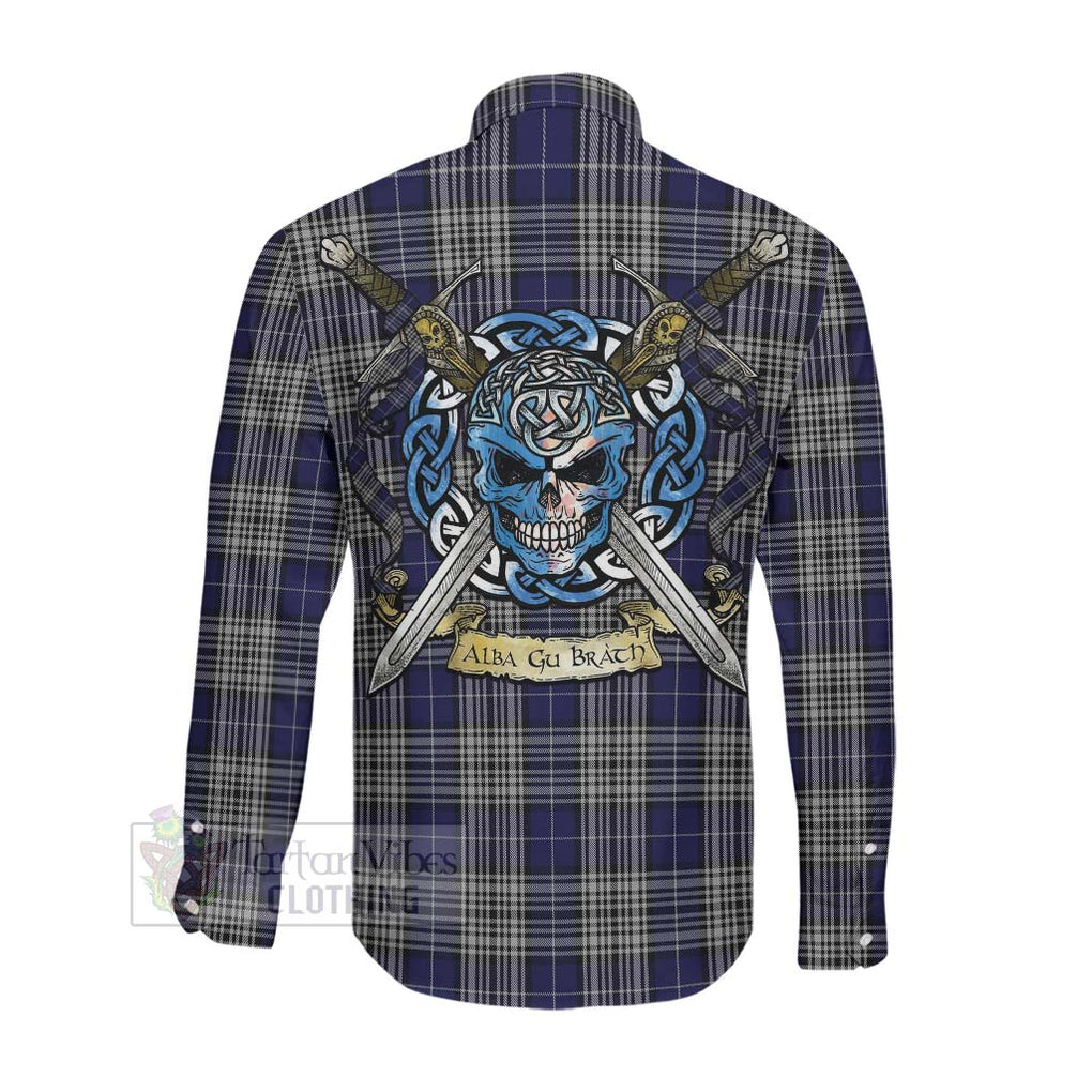 Tartan Vibes Clothing Napier Tartan Long Sleeve Button Shirt with Family Crest Celtic Skull Style