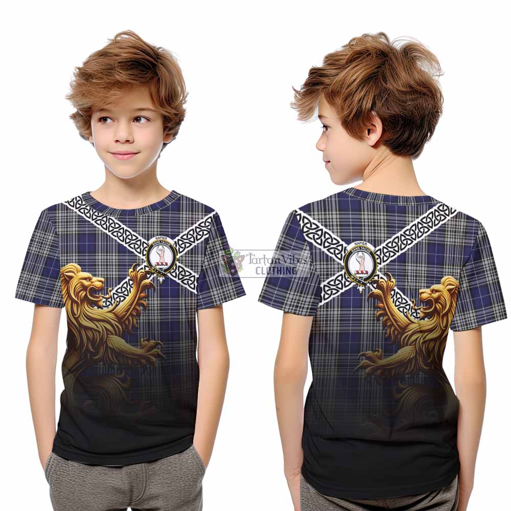 Tartan Vibes Clothing Napier Crest Tartan Kid T-Shirt with Golden Lion Emblem Celtic Style
