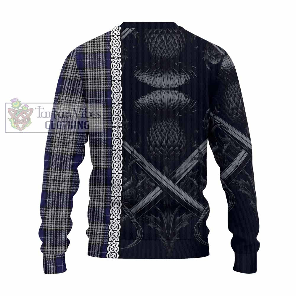 Tartan Vibes Clothing Napier Tartan Knitted Sweater with Family Crest Cross Sword Thistle Celtic Vibes