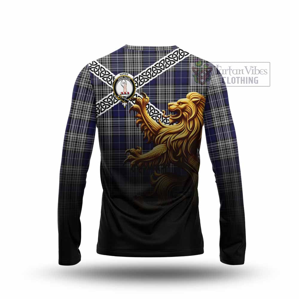 Tartan Vibes Clothing Napier Crest Tartan Long Sleeve T-Shirt with Golden Lion Emblem Celtic Style