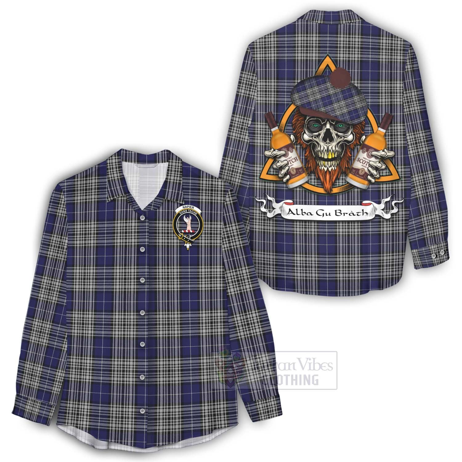 Tartan Vibes Clothing Napier Tartan Women's Casual Shirt with Family Crest and Bearded Skull Holding Bottles of Whiskey