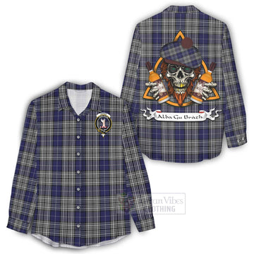 Tartan Vibes Clothing Napier Tartan Women's Casual Shirt with Family Crest and Bearded Skull Holding Bottles of Whiskey