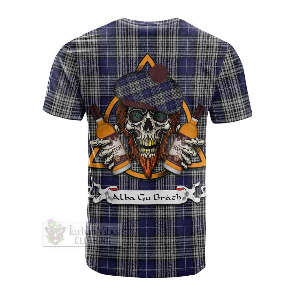 Tartan Vibes Clothing Napier Tartan Cotton T-shirt with Family Crest and Bearded Skull Holding Bottles of Whiskey