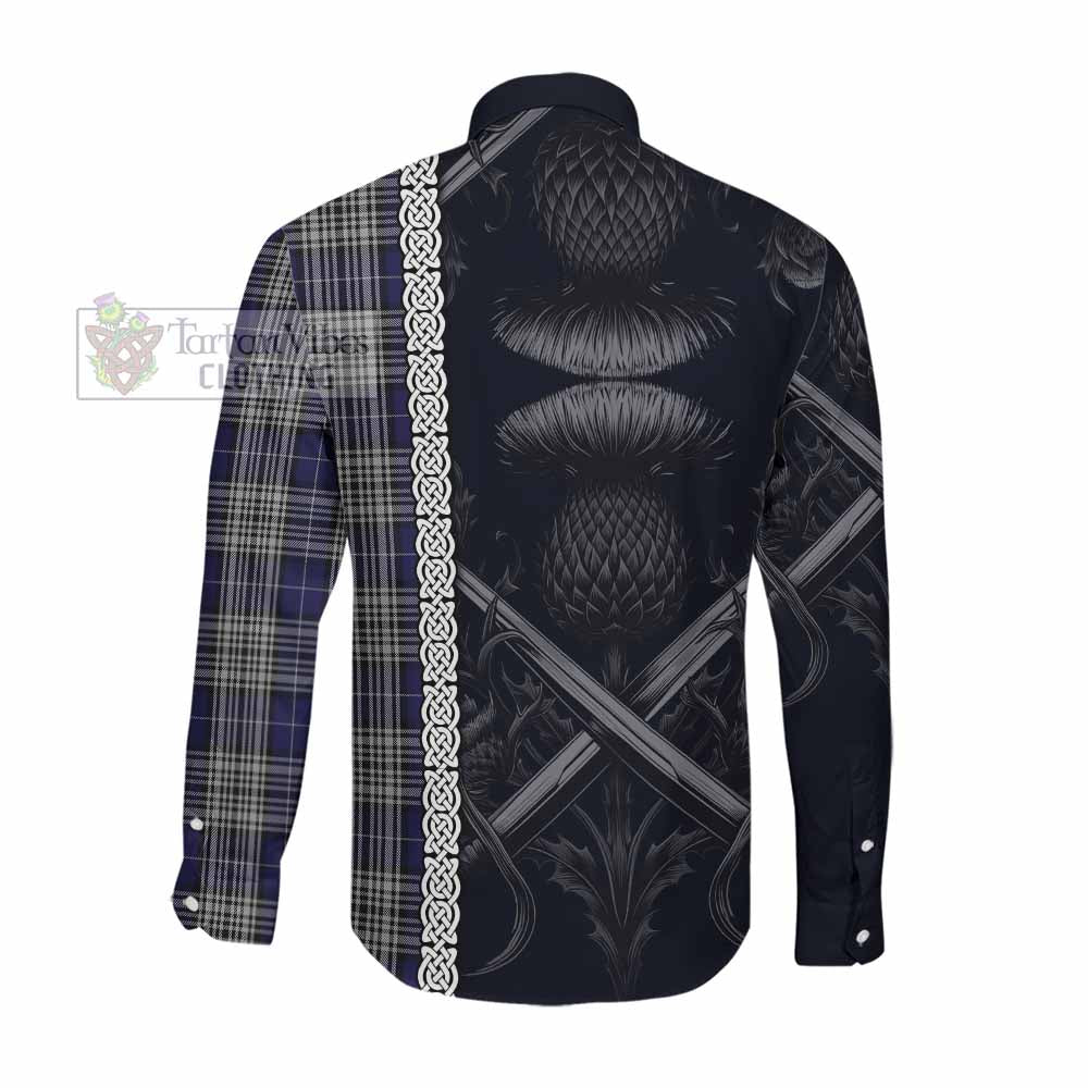 Tartan Vibes Clothing Napier Tartan Long Sleeve Button Shirt with Family Crest Cross Sword Thistle Celtic Vibes