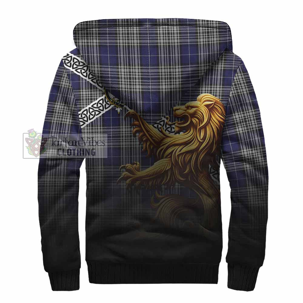 Tartan Vibes Clothing Napier Crest Tartan Sherpa Hoodie with Golden Lion Emblem Celtic Style