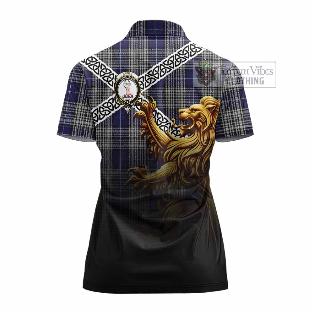 Tartan Vibes Clothing Napier Crest Tartan Women's Polo Shirt with Golden Lion Emblem Celtic Style