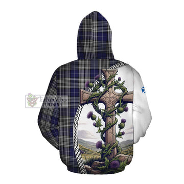 Napier Tartan Cotton Hoodie with Family Crest and St. Andrew's Cross Accented by Thistle Vines