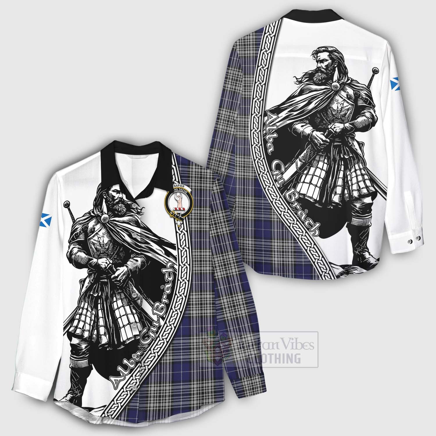Tartan Vibes Clothing Napier Tartan Clan Crest Women's Casual Shirt with Highlander Warrior Celtic Style