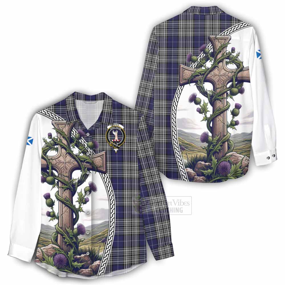 Tartan Vibes Clothing Napier Tartan Women's Casual Shirt with Family Crest and St. Andrew's Cross Accented by Thistle Vines