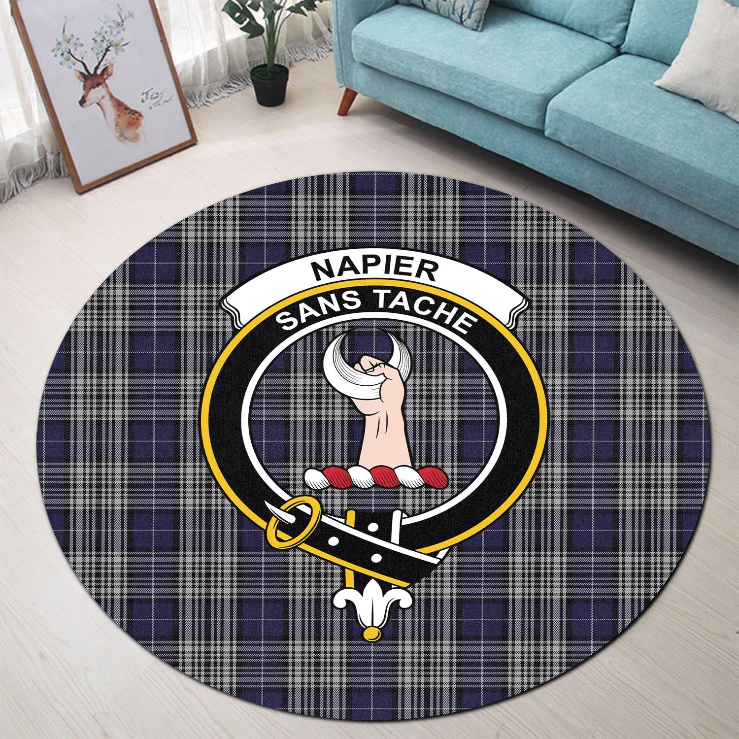 napier-tartan-round-rug-with-family-crest