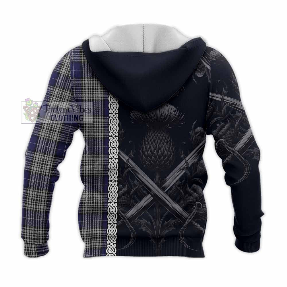 Tartan Vibes Clothing Napier Tartan Knitted Hoodie with Family Crest Cross Sword Thistle Celtic Vibes