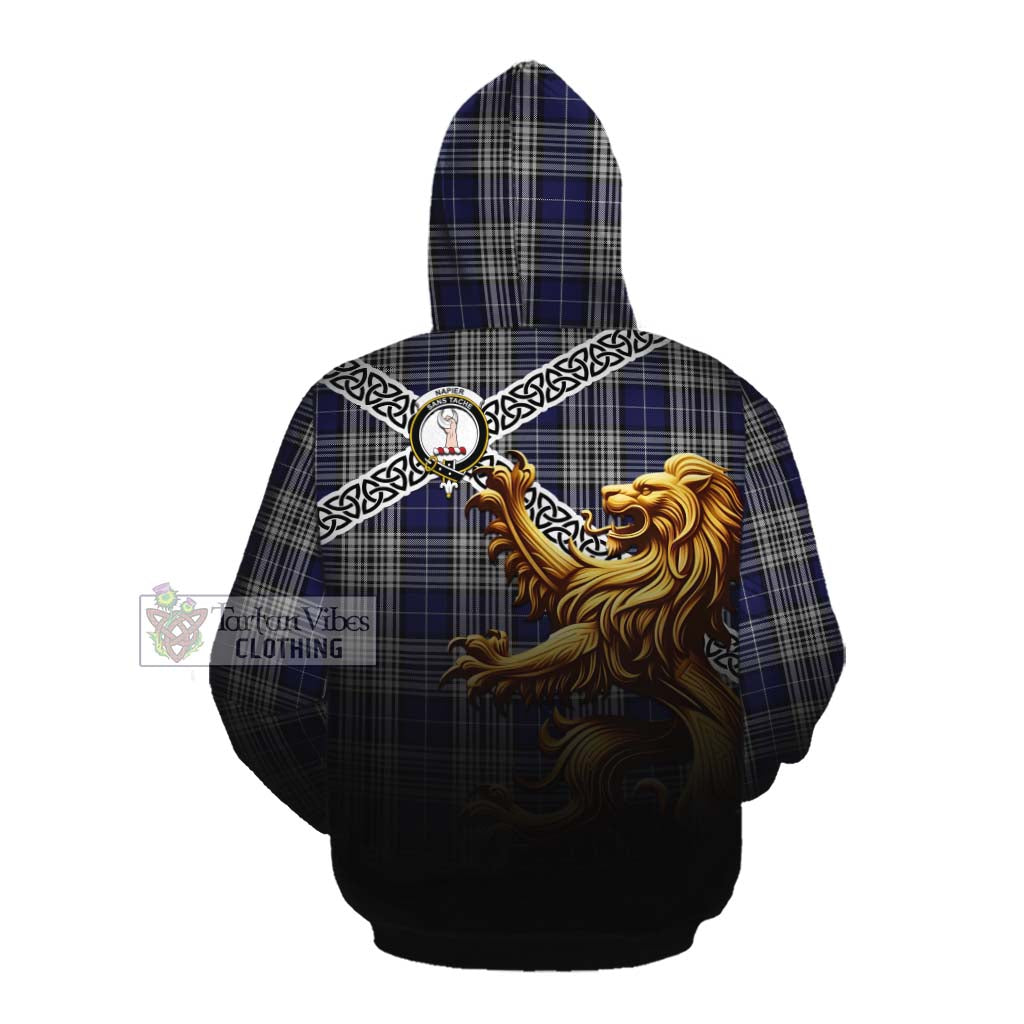 Tartan Vibes Clothing Napier Crest Tartan Cotton Hoodie with Golden Lion Emblem Celtic Style