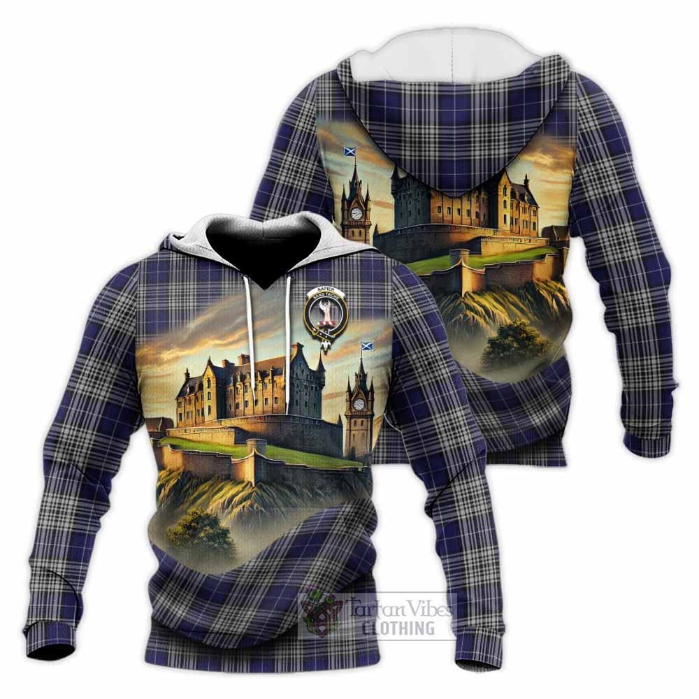 Tartan Vibes Clothing Napier Tartan Family Crest Knitted Hoodie with Scottish Ancient Castle Style