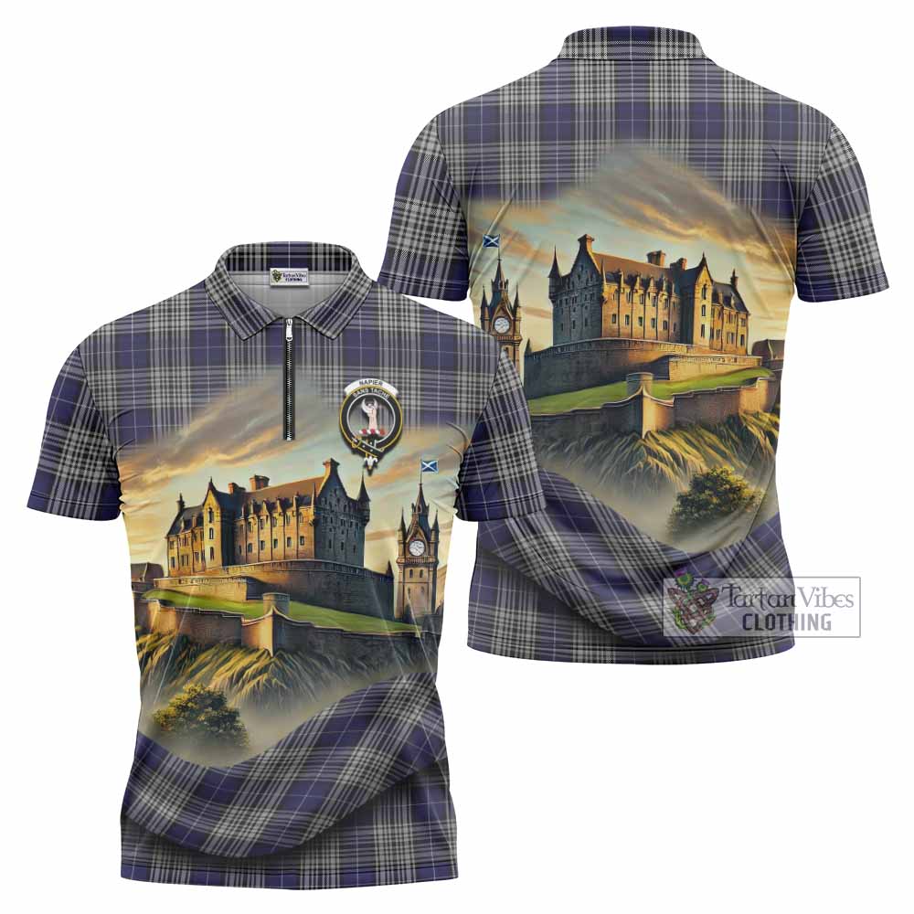 Tartan Vibes Clothing Napier Tartan Family Crest Zipper Polo Shirt with Scottish Ancient Castle Stype