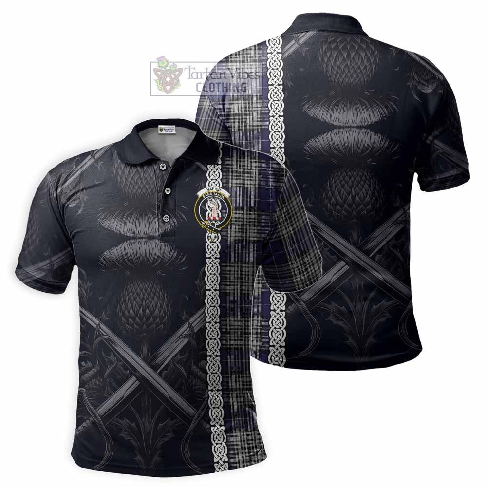 Tartan Vibes Clothing Napier Tartan Polo Shirt with Family Crest Cross Sword Thistle Celtic Vibes