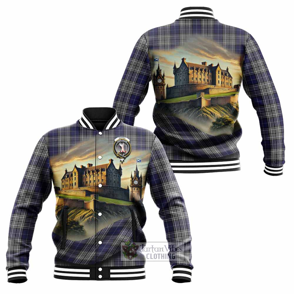 Tartan Vibes Clothing Napier Tartan Family Crest Baseball Jacket with Scottish Ancient Castle Style