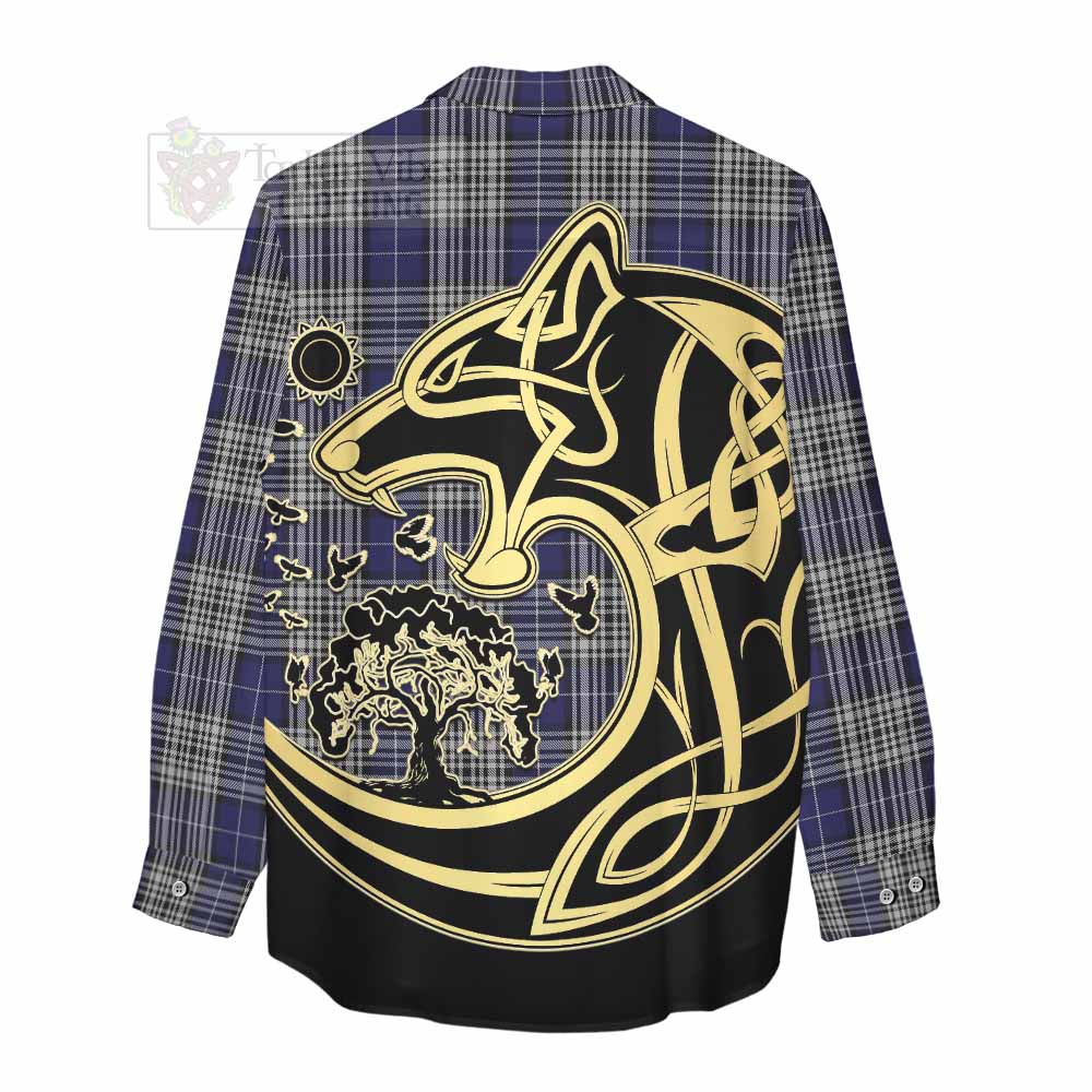 Tartan Vibes Clothing Napier Tartan Women's Casual Shirt with Family Crest Celtic Wolf Style