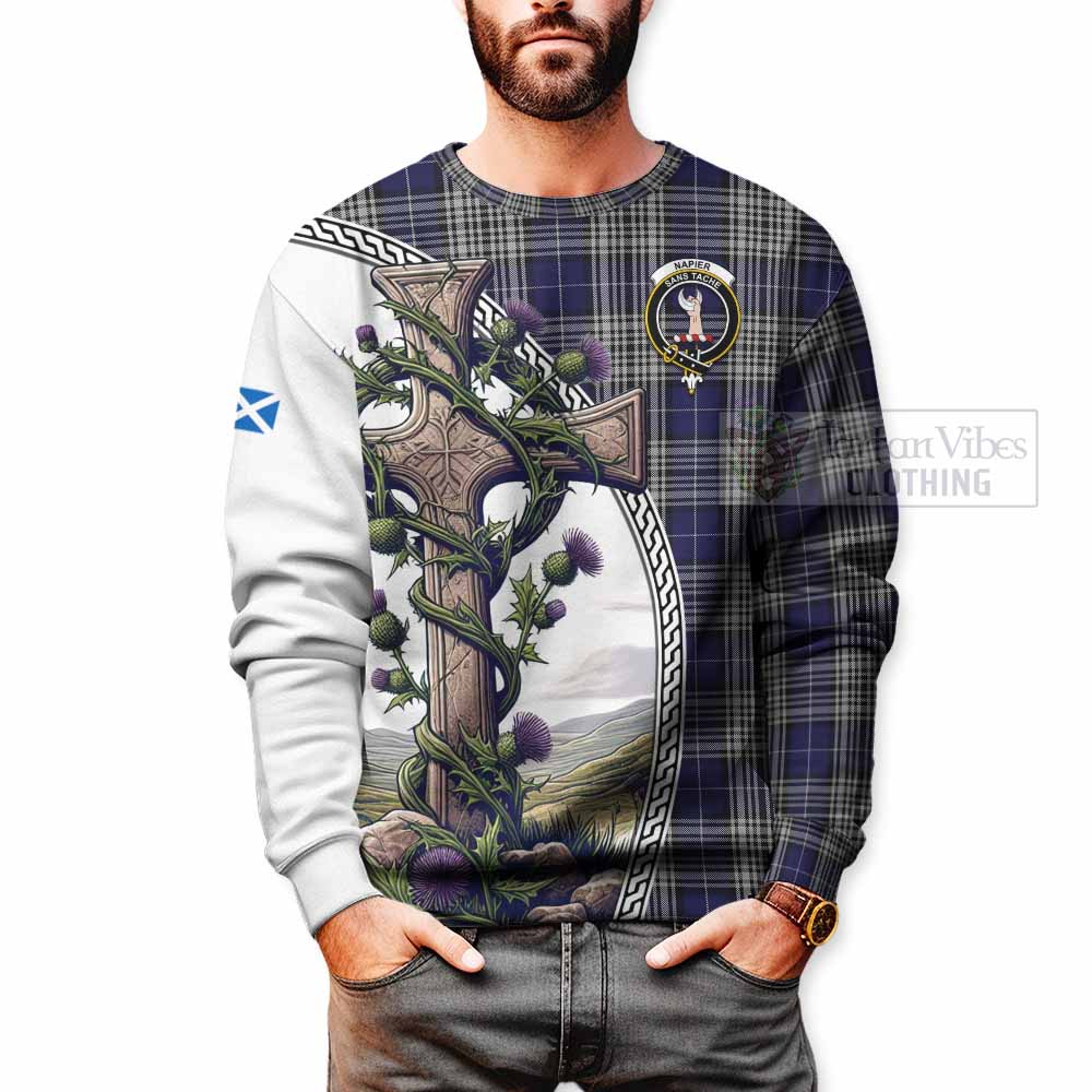 Tartan Vibes Clothing Napier Tartan Sweatshirt with Family Crest and St. Andrew's Cross Accented by Thistle Vines