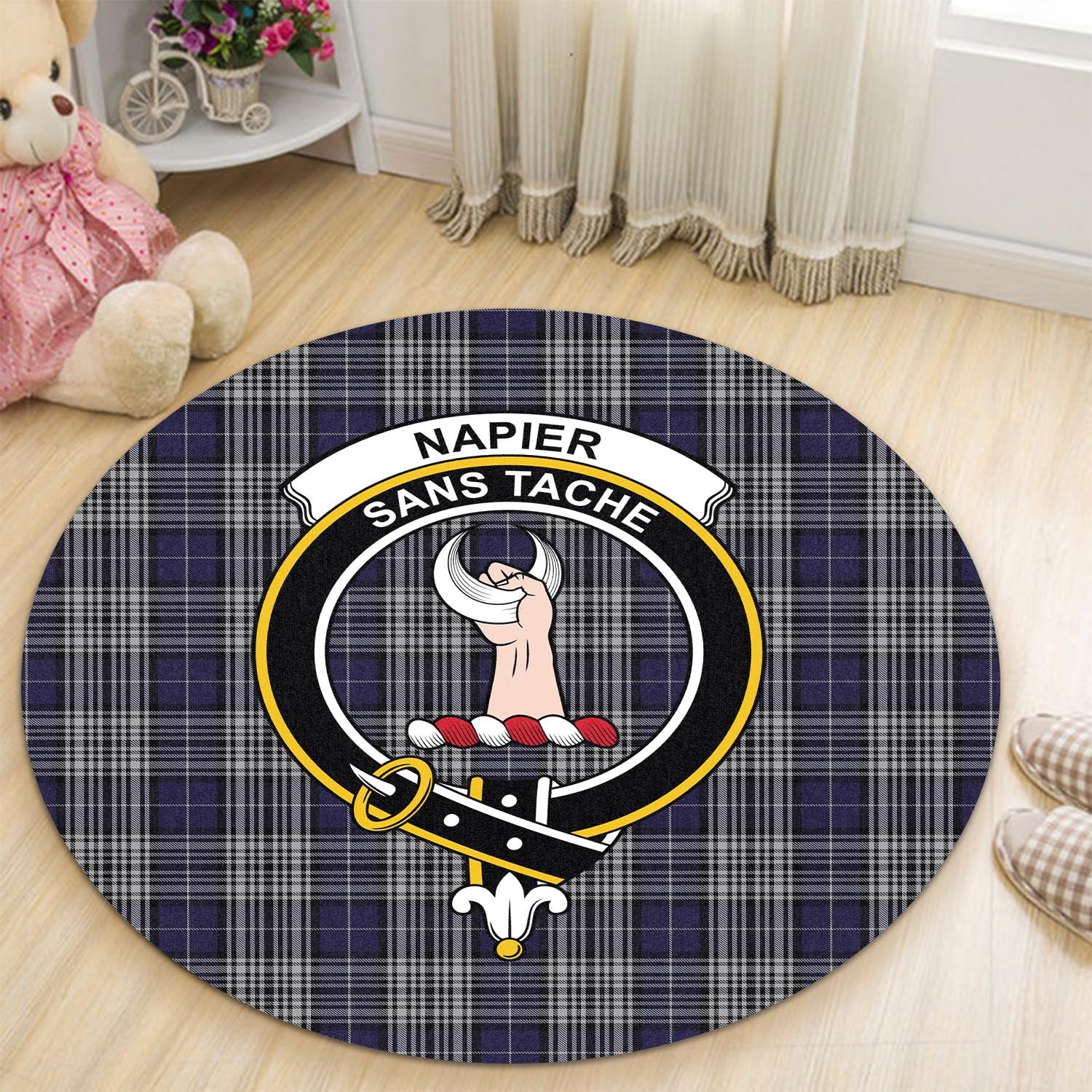napier-tartan-round-rug-with-family-crest