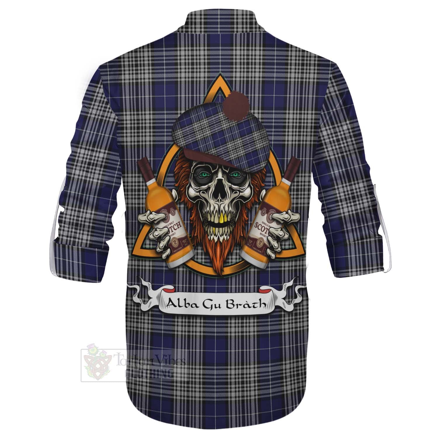 Tartan Vibes Clothing Napier Tartan Ghillie Kilt Shirt with Family Crest and Bearded Skull Holding Bottles of Whiskey