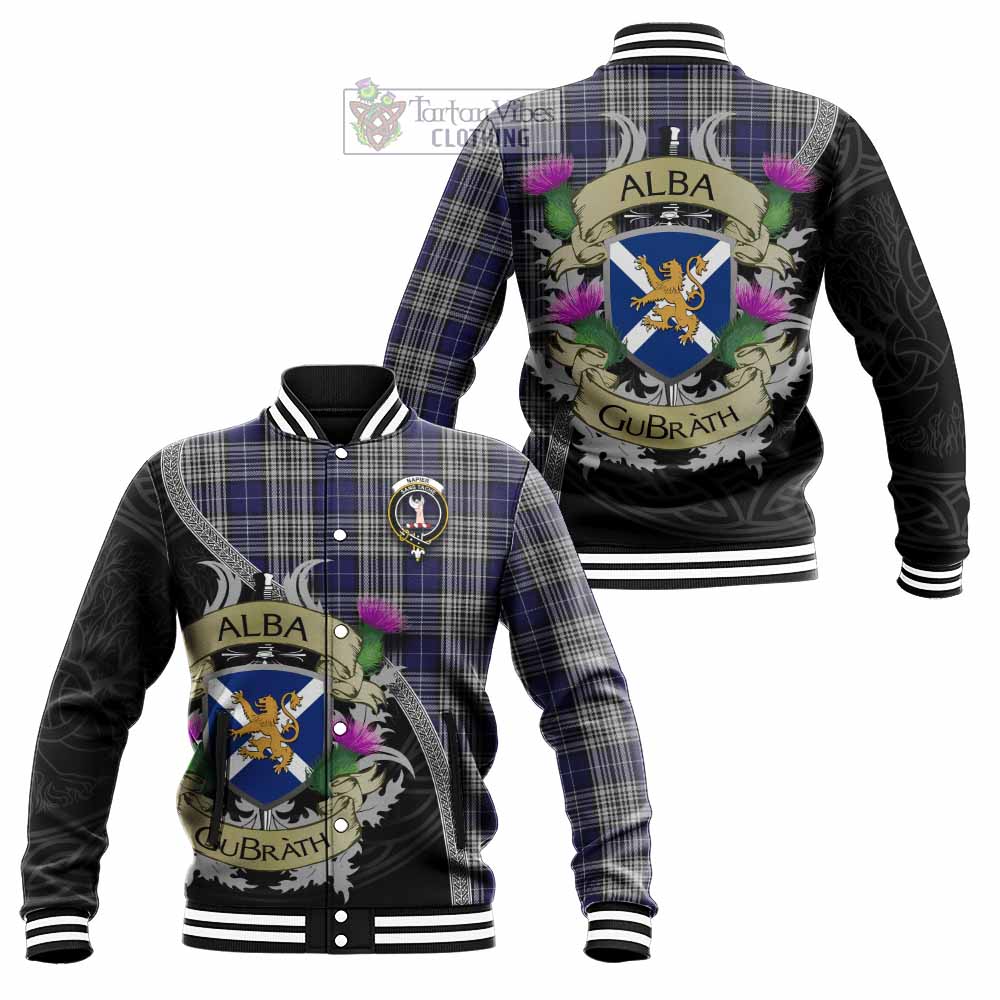 Tartan Vibes Clothing Napier Tartan Family Crest Baseball Jacket Lion Rampant Royal Thistle Shield Celtic Inspired