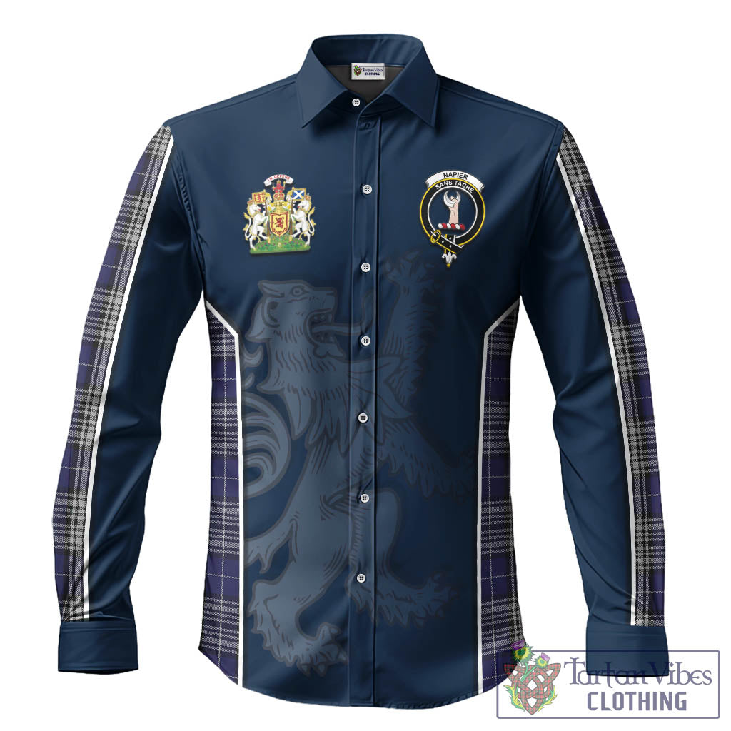 Napier Tartan Long Sleeve Button Up Shirt with Family Crest and Lion Rampant Vibes Sport Style